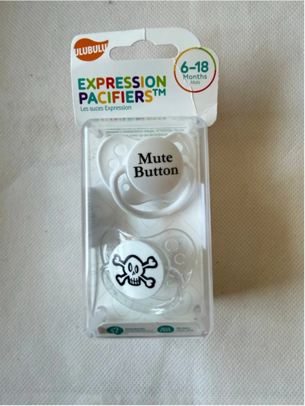 NWT Ulubulu Expressions 2pk Pacifiers 6-18 Months - Skull & Mute Button